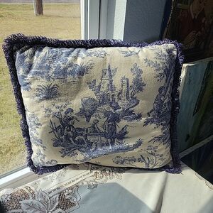 Vtg Waverly Toile Blue French Country Life Single Throw Pillow 16 x 14" Fringed
